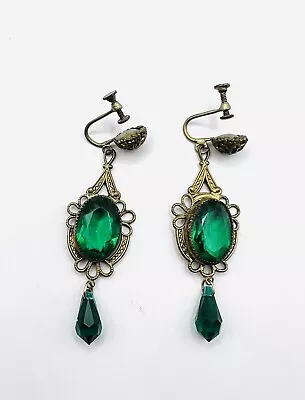 Vintage 1930’s Green Glass Paste Drop Dangle Screw Back Earrings • $9.99