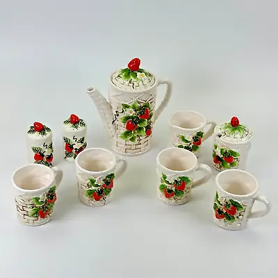 Vintage 9 Piece Mid-Century Basket Weave Strawberry Tea Set Japan MCM • $149.99