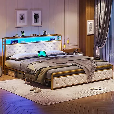 King Size LED Bed Frame With Storage Headboard Upholstered Platform White & Gold • $189.99