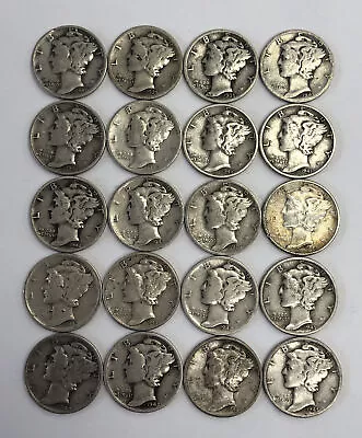 Silver Mercury Dime Lot (20) Coins 1916-1945 90% Mixed Years And Mints AVG CIRC • $54.26