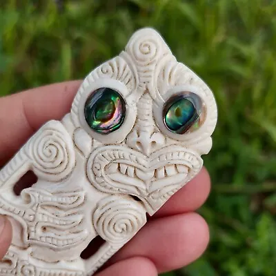 Tiki Large Pendant Maori Hand Carved Bone Abalone Eyes New Zealand • $120