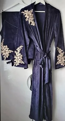 Ladies Pyjamas Size M/L Navy Blue Velour Camisole PJs & Dressing Gown Nightwear  • £18.99