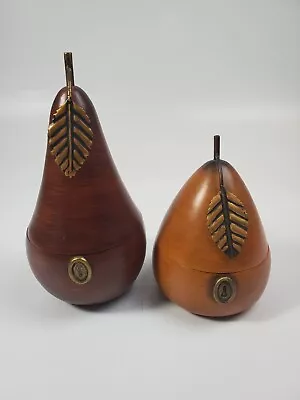 Vintage Pear Shaped Wooden Tea Caddy Box With Brass Leaf And Faux Lock Set Of 2 • $74.95