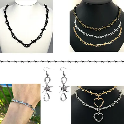 Barbed Wire Thorns Chain Choker Jewelry Necklace Punk Bracelet Earrings Rings • $11.05