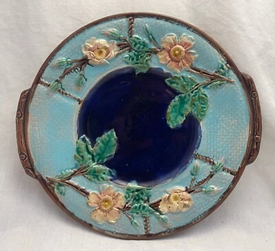 $10 • Buy Majolica Forester Rose & Rope Cake Plate W/ Cobalt Blue Center 11  Diameter 