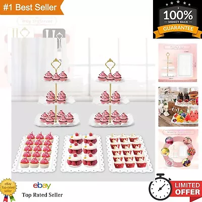 Elegant 3 Tier Cupcake Stand & Serving Tray Combo - Wave Square - White • $34.99