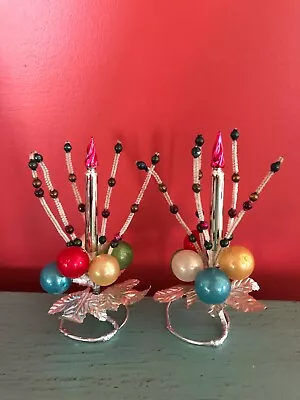 Vintage Christmas Blown Glass Candle Chenille Pipe Cleaners Bulb Set Pair Decor  • $44.99