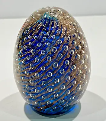 Vintage Unique Rare Gold & Blue Swirl Bubbles Egg Shape Glass Murano Paperweight • $179.34