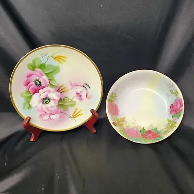 Antique H&C Bavaria Germany Pink Poppy Flowers Lohme' Signed Plate And Bowl  • $18.21