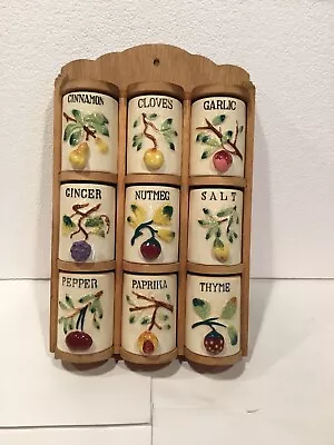 Nine Vintage Ceramic Spice Shakers W/ Fruit Handles In Wooden Rack 1950s Japan • $24.99