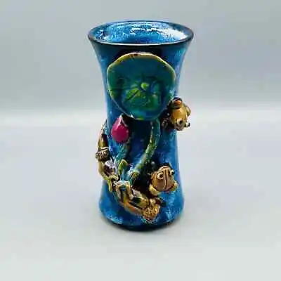 Vintage Majolica Blue Glazed Frogs Lily Pad & Mushroom Ceramic Pottery Vase 8” • $34.50