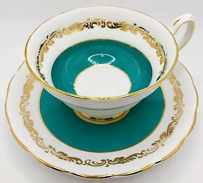 Vintage English Bone China Gold Scroll Garland Turquoise Cup & Saucer; Teacup • $15.99