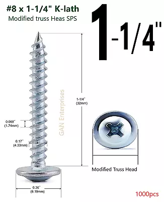 Modified Truss Head Self Piercing Screws # 8 X 1-1/4 K-Lath ZINC (1000)  • $35.49