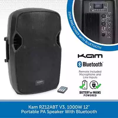 Kam RZ12ABT 12  1000W Bluetooth PA Speaker Active Portable Powered DJ Club Stage • £178.99