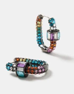 $50 • Buy MIMCO Roxanne Hoop Earrings, Encrusted Crystal Rainbow Gunmetal Earrings 