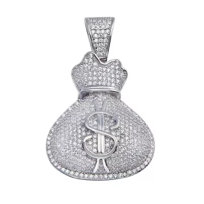 Sterling Silver Money Bag Hip Hop Pendant W/ Micro Pave CZ Stones • $49.99