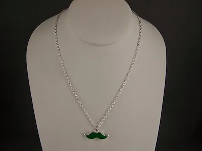 Green Silver Tone Mustache Moustache Pendant Charm 16.5  Long Chain Necklace • $6.99