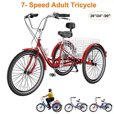 MOONCOOL 20 /24 /26  Adult Tricycle 3 Wheel Bike Trike Cruiser 7 Speed W/ Basket • $309