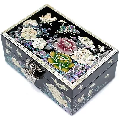 Korean Mother Of Pearl Inlay Shell Jewelry Organizer Wood Keepsake Box Vintage • $50