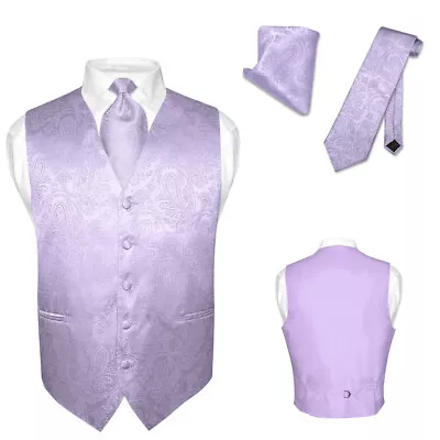 Men's Dress VEST NeckTie For Suit LAVENDER Purple PAISLEY Design Tie Hanky XS • $25.95