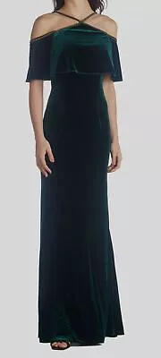 $395 Aidan Mattox Women's Green Velvet Beaded Cold-Shoulder Gown Dress Size US 4 • $126.78