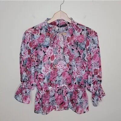 Zara | Pink Rose Floral Peplum Hem Blouse • $14.95