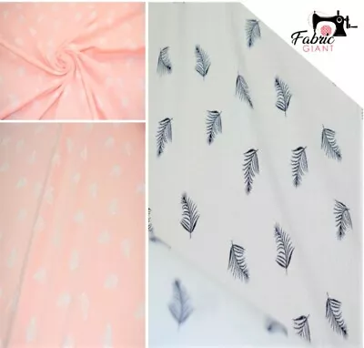 £5.25 • Buy Feather Printed Double Gauze Muslin 100% Cotton Fabric Dressmaking Leaves Print
