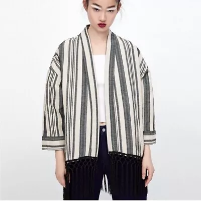 Zara Striped Fringed Open Front Kimono Size Small • $26
