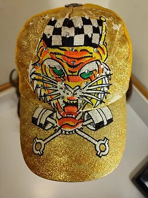 Don Ed Hardy Rhinestone SnapBack Trucker Hat Cap Tiger Tattoo Y2K Yellow • $19.99