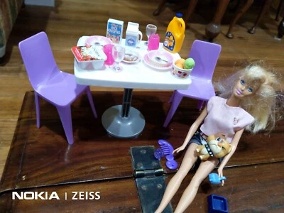$19.99 • Buy 27pc Barbie DOLL Clothes PET Dog DINING TABLE Chairs FOOD PlatesCupsGlass LOT #4