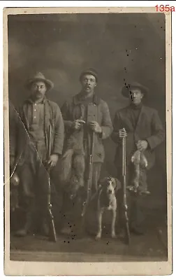 135::   RPPC Postcard: 3 Hunters With Hound Dog: Rabbits Gray Fox • $17