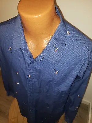 (XXL) Mens Haggar Button Down Blue Martini Glass Print Cocktail Bar Party Shirt • $6.50