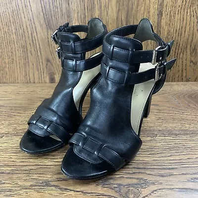 Via Spiga Womens Size 8 Black Leather Heels Block Buckle • $28.50