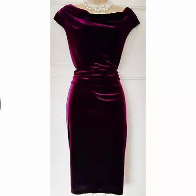 ROMAN Size 16 Purple Velvet Runched Knee Length Evening Dress • $25.26