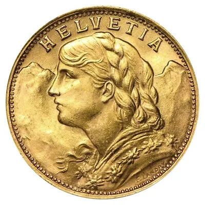 20 Francs Swiss Helvetia Vreneli Gold Coin AGW .1867 Oz AU/BU (1897-1949 Random • $471.82