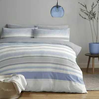 Blue White Grey Multi Tonal Stripe Chambray Duvet Quilt Cover Bed Bedding Set • £13.99