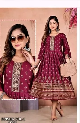 Indian Women Maroon Pinted Anarkali Kurta Kurti Dress Top Tunic Pakistani • £15.99