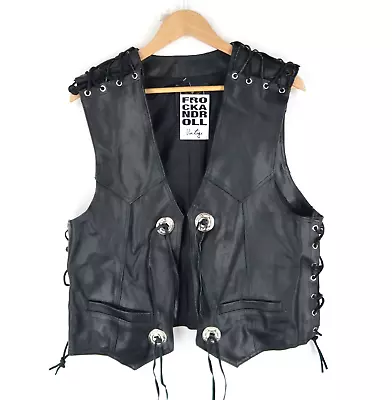 Leather Vintage Vest Waistcoat Black Rock Biker SZ  M  (T533) • £29.95