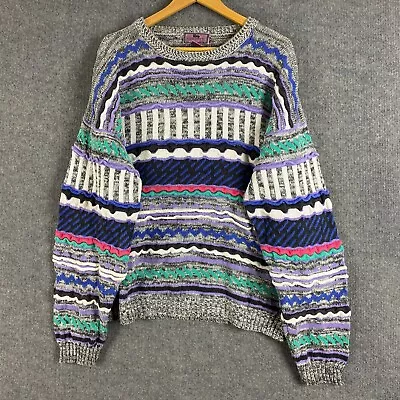 Concrete Jumper Mens XL Grey Purple Ugly Coogi Style 3D Knit Vintage Sweater • $149.95