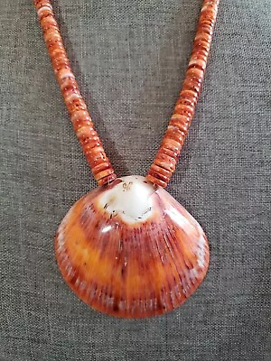 LOUISE PETE Vintage Orange  Spiny Oyster Necklace With Shell Pendent  RARE • $350