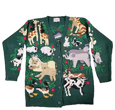 Vtg Susan Bristol Green Christmas  Cardigan Small Animals Hand Embroidered Ark • $39.99