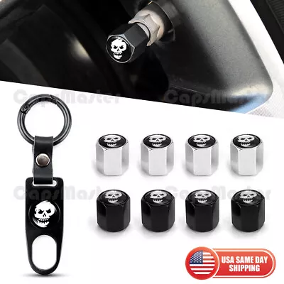 Universal Car Wheels Tire Valve Dust Stem Air Cap + Keychain Skull Smiley Logo • $9.99