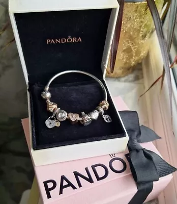 Authentic Pandora Moments Heart Bangle Bracelet 925 Sterling Silver With 8 Charm • £50
