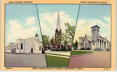 McKINNEY TX Texas   MULTIVIEW Of  3 CHURCHES   C1940s  Linen    Postcard • $5.93