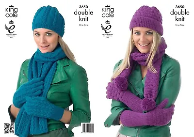 King Cole DK Knitting Pattern - 3650 Ladies Hat Scarves & Gloves • £4.65