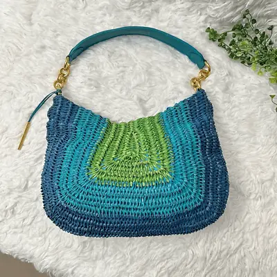 Elliott Lucca Multicolored Blue Green Woven Straw Zip Purse Hobo Shoulder Bag • $34.99