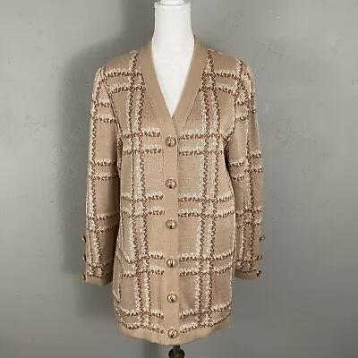 Vintage Mita Cardigan Sweater Size 10 Beige Plaid Acrylic Button Up Long Sleeve • $19.90