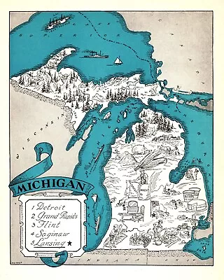 1930s Antique Michigan State Map RARE Animated Michigan Picture Map BLU 1068 • $55