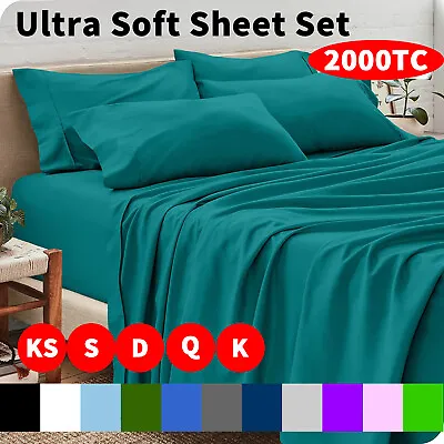 $9.99 • Buy 2000TC Bed Sheet Set Single/Double/Queen/King Ultra Soft Flat Fitted Pillowcase