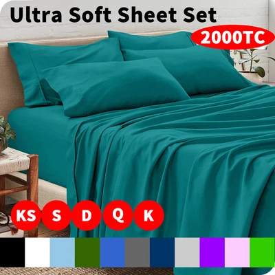 $9.99 • Buy 2000TC Bed Sheet Set Single/Double/Queen/King Ultra Soft Flat Fitted Pillowcase